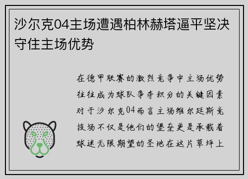 沙尔克04主场遭遇柏林赫塔逼平坚决守住主场优势