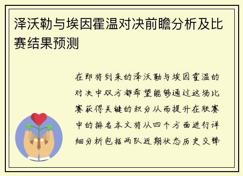 泽沃勒与埃因霍温对决前瞻分析及比赛结果预测